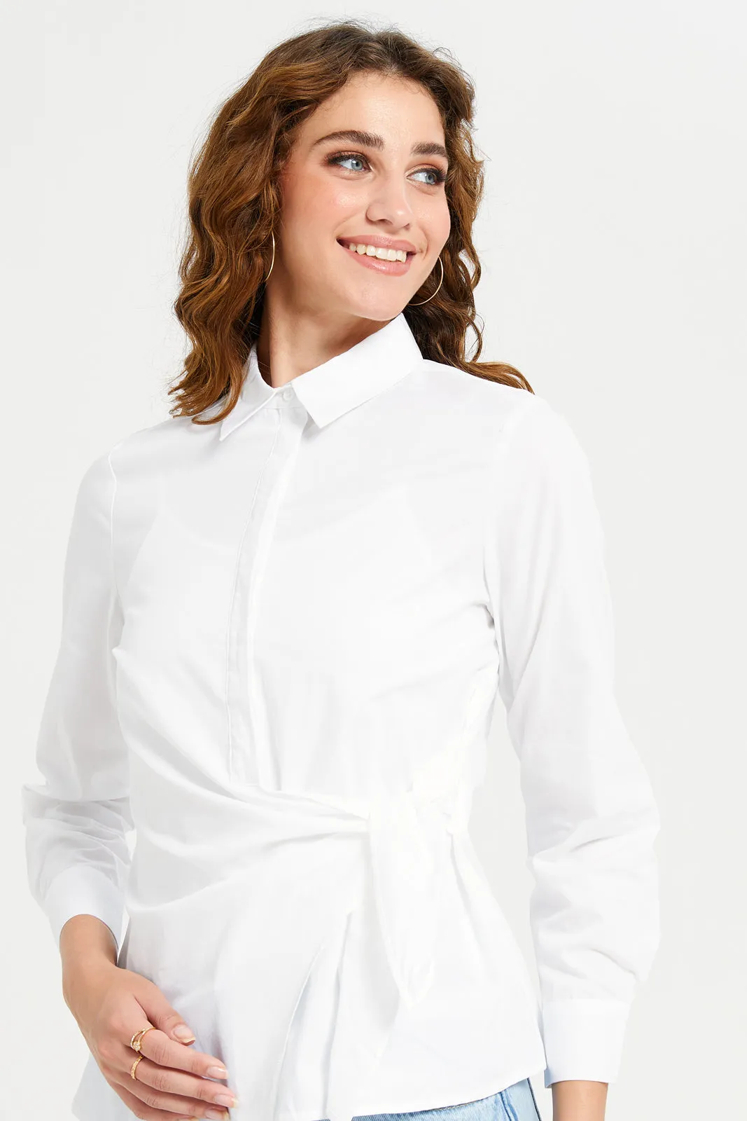 Women White Poplin Tie Shirt