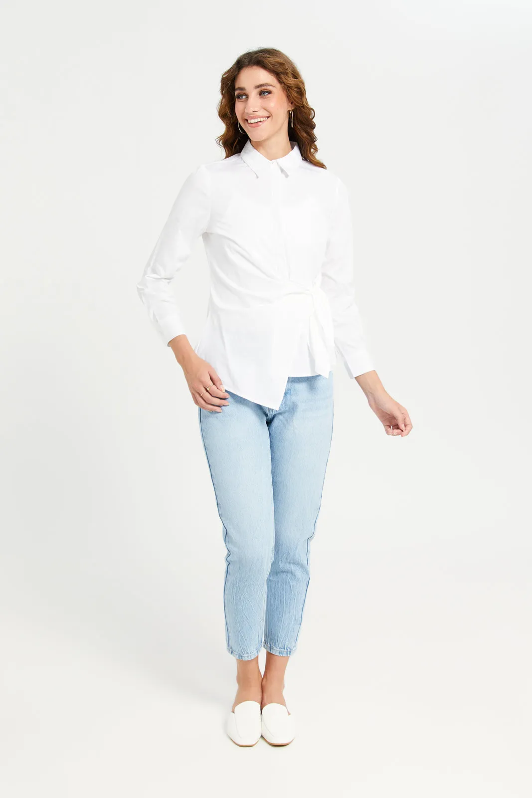 Women White Poplin Tie Shirt